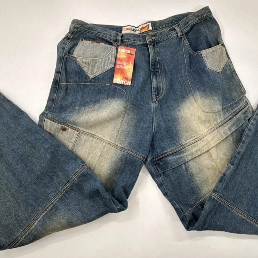 Y2K Torch Jeans Mens 48x34 Denim Patchwork Distressed Wide Baggy Hip Hop Urban - Picture 8 of 13